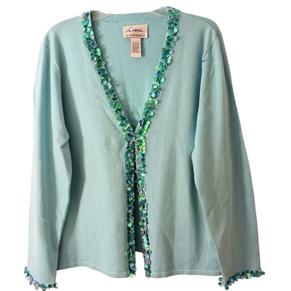 Linea 3 Pc Formal Cardigan Sweater Set Sz L AQUA SKY BLUE Sequins Knit was $350 - Picture 4 of 16